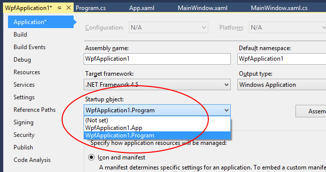 'Startup object' settings in the application's properties