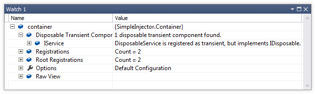 Diagnostics debugger view watch window with the disposable transient component warning.