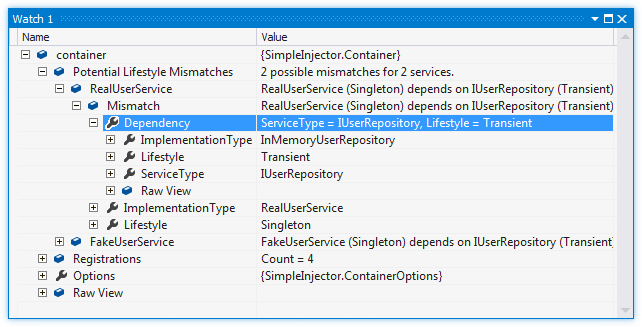 Diagnostics debugger view watch window with lifestyle mismatches